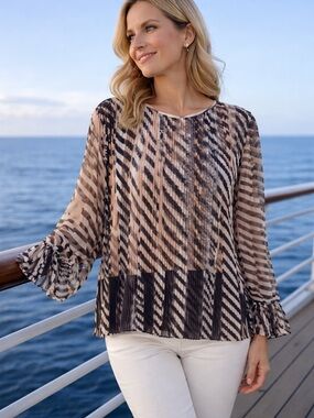 St. John Sheer Pleated Stripe Blouse - Beige & Black